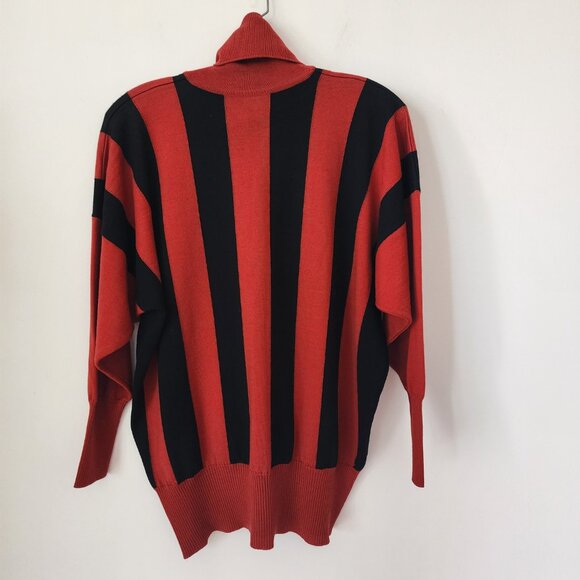 Vintage Jaeger Black Red Striped Dolman Sleeve  Wool Turtleneck Sweater - Picture 2 of 6